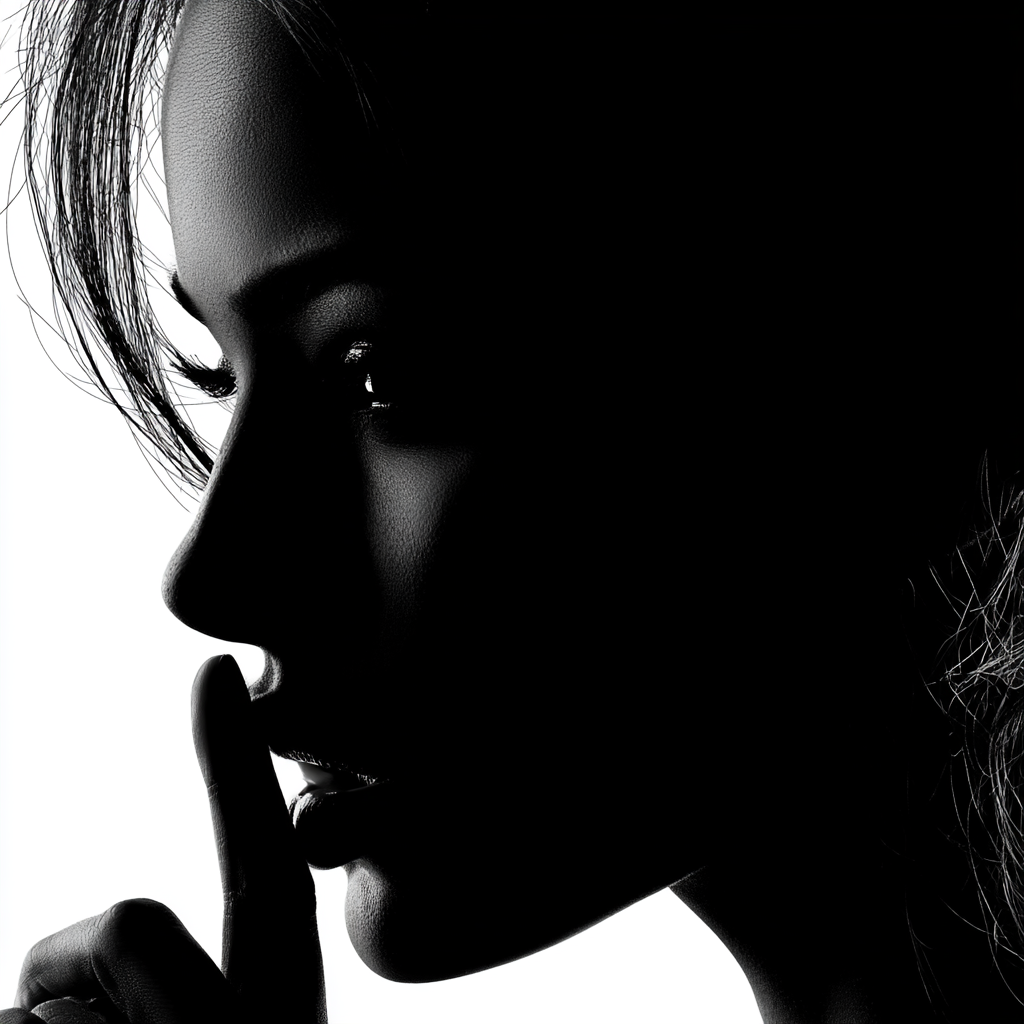 Stylized profile silhouette of a woman with a finger to her lips — quiet beauty, the essence of facial preservation